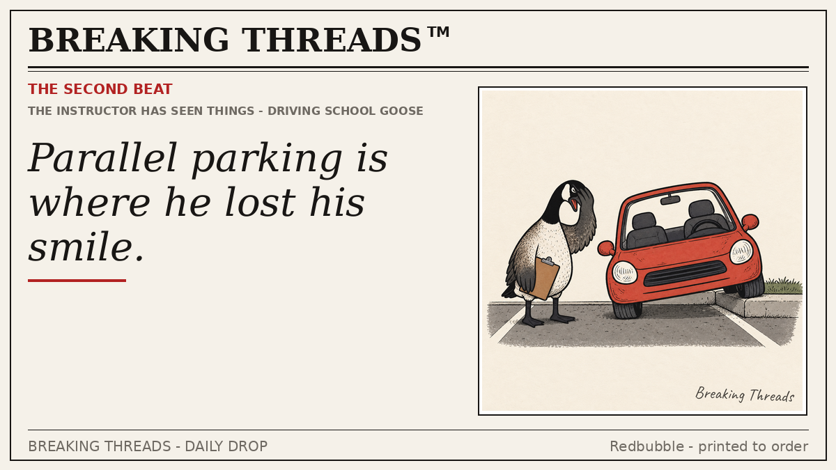 Bonus panel: weary goose driving instructor in a small red car; headline "Parallel parking is where he lost his smile."