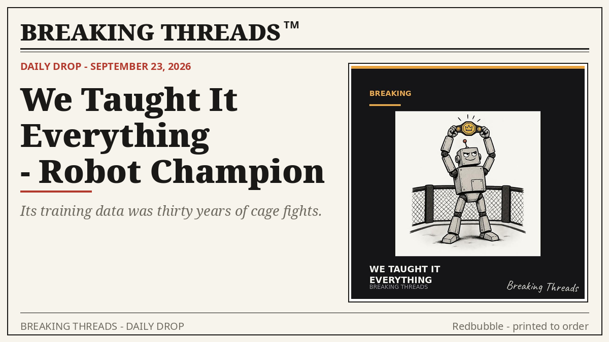 Smug robot holding a championship belt over its head inside a chain-link cage.