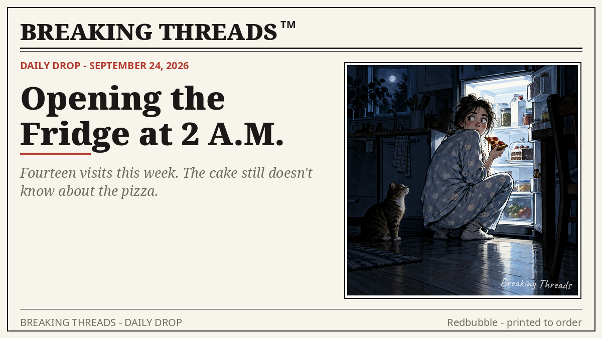 Person in rumpled pajamas frozen in the glow of an open refrigerator at 2 AM, caught holding a slice of leftover pizza, a cat watching from the shadows.