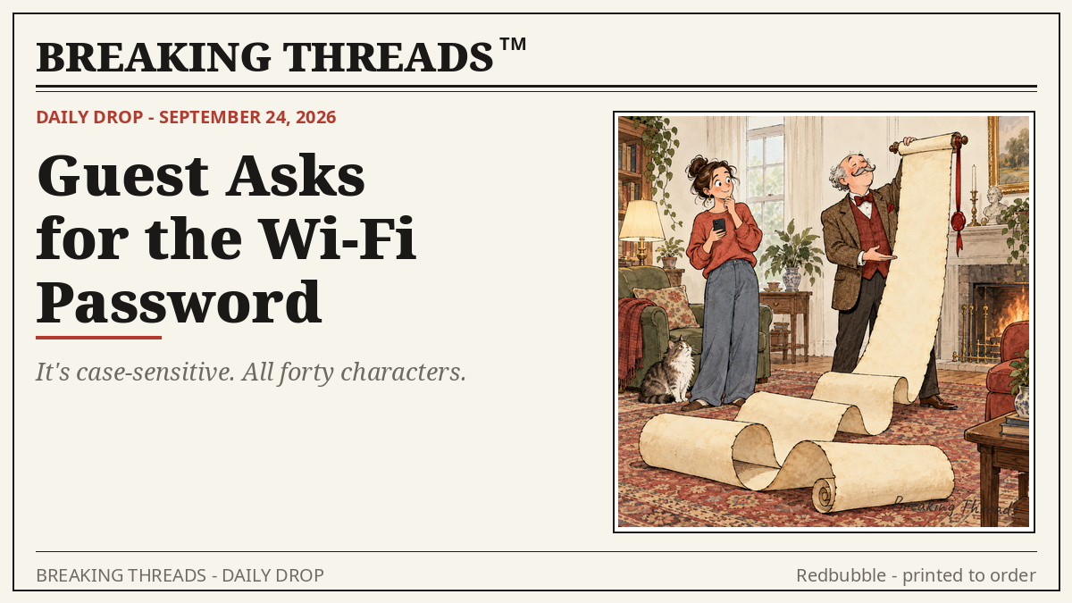 Host ceremoniously unrolling an absurdly long parchment scroll across the living room floor while a bemused guest holds a smartphone; the scroll has a dangling wax seal.