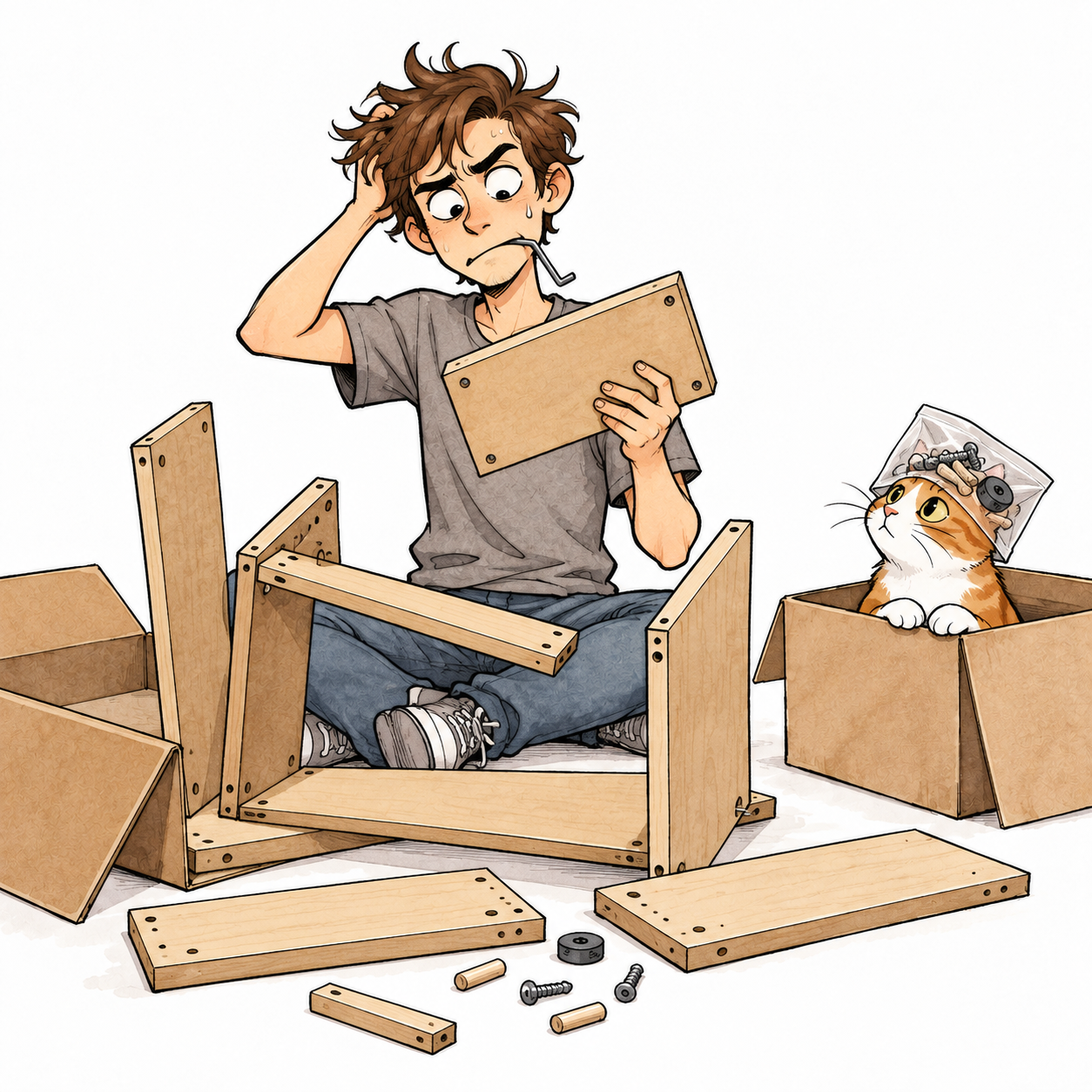 Panel 2: the same man, sweating and confused, holds a board upside down amid a half-built frame; the cat wears the hardware bag as a hat.